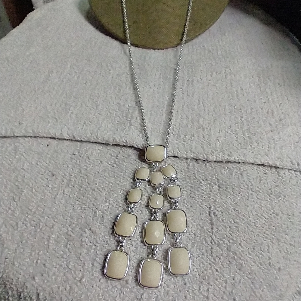 Liz Claiborne long silvertone white faceted dangle statement necklace